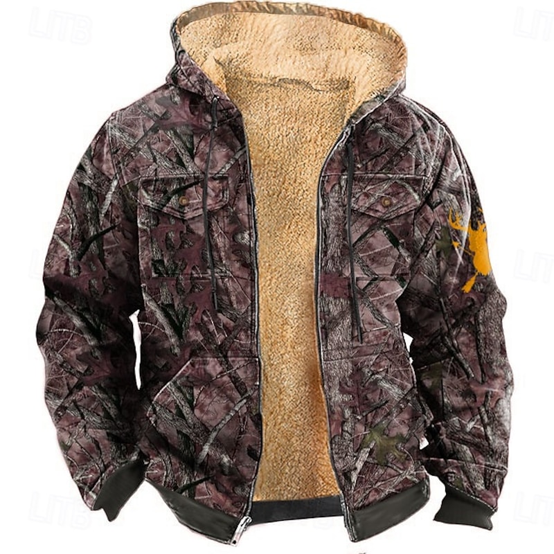 Men's Camo Camouflage Deer Fleece Hoodie Jacket Fashion Cool Hooded Hunting Red Blue Zipper Pocket Fall Winter Designer2