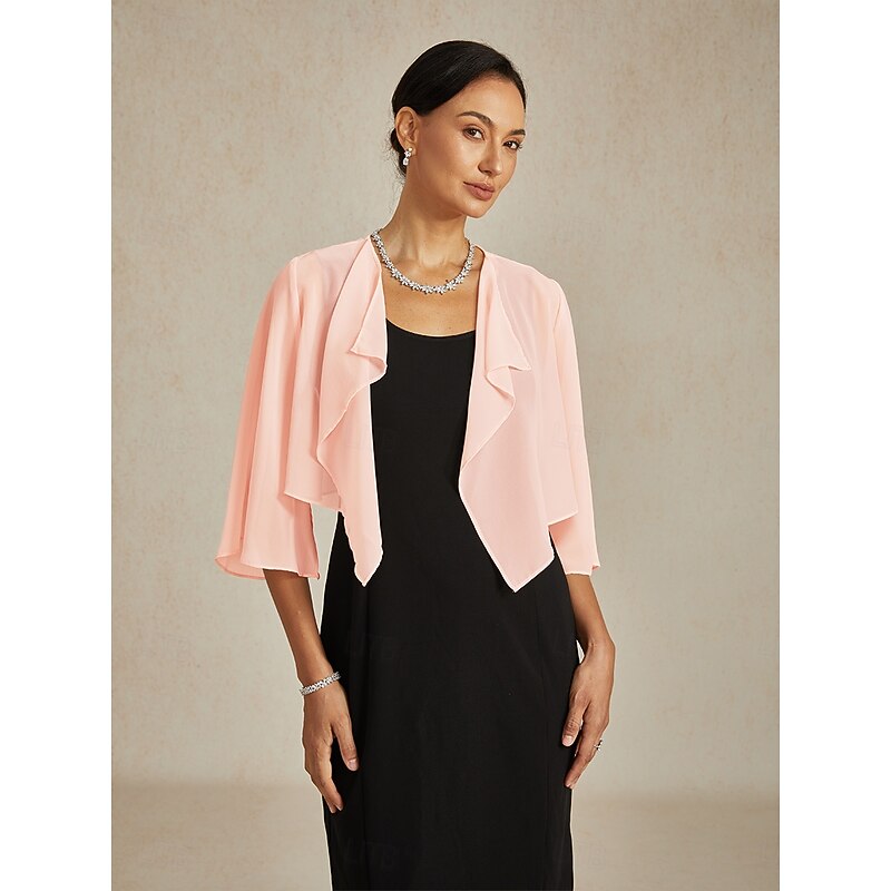 Women's Flowy Tops Chiffon Tops Solid Color Elegant 3/4 Length Sleeve Asymmetrical Crop Tops Wedding Guest Blush Pink Summer Spring Fall