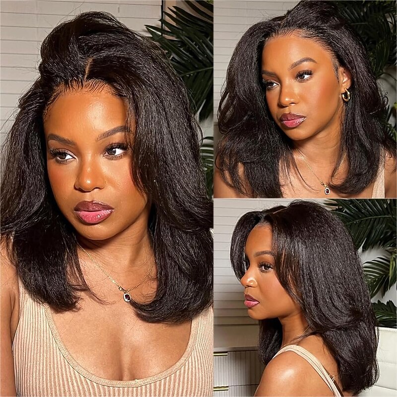 Kinky Straight 13X4 Lace Front Human Hair Wigs Pre Plucked with Baby Hair  Brazilian Remy Hair Italian Yaki Frontal Wig for Black Women Free Part 180% Density Natural Color