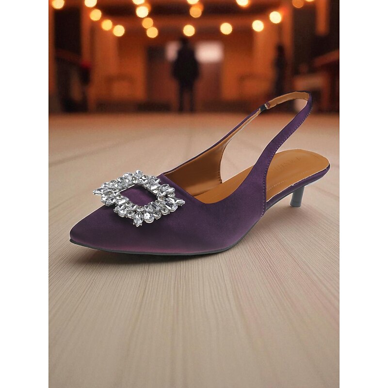 Women's Purple Satin Slingback Kitten Heels with Rhinestone Buckle - Elegant Cocktail Party and Formal Occasion Shoes4