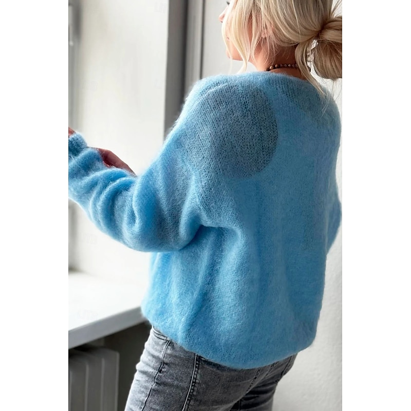 Women's Sweater Elegant Fashion Streetwear Pure Color V Neck Knitted Long Sleeve Regular Tops Knit Outdoor Daily Weekend Pink Blue Spring Fall4