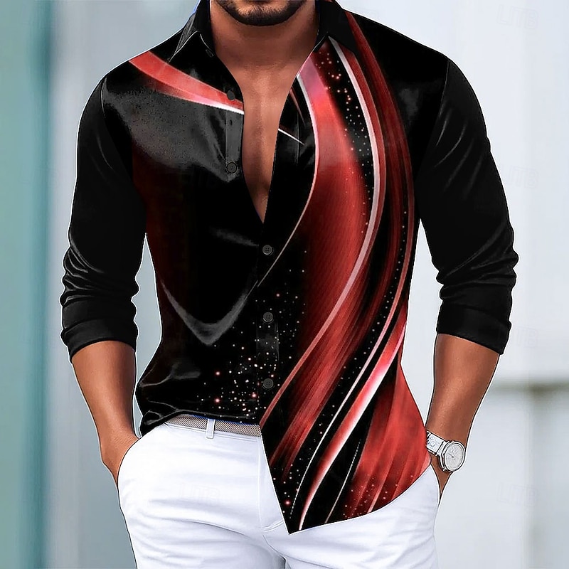 Men's Geometric Gradient Waves Shirt Satin Shirt Dress Shirt Long Sleeve Fashion Casual Vacation Dailywear Summer Spring Fall Turndown 3D Print Button Up Shirts Black / Green Black / Purple Black-Red3