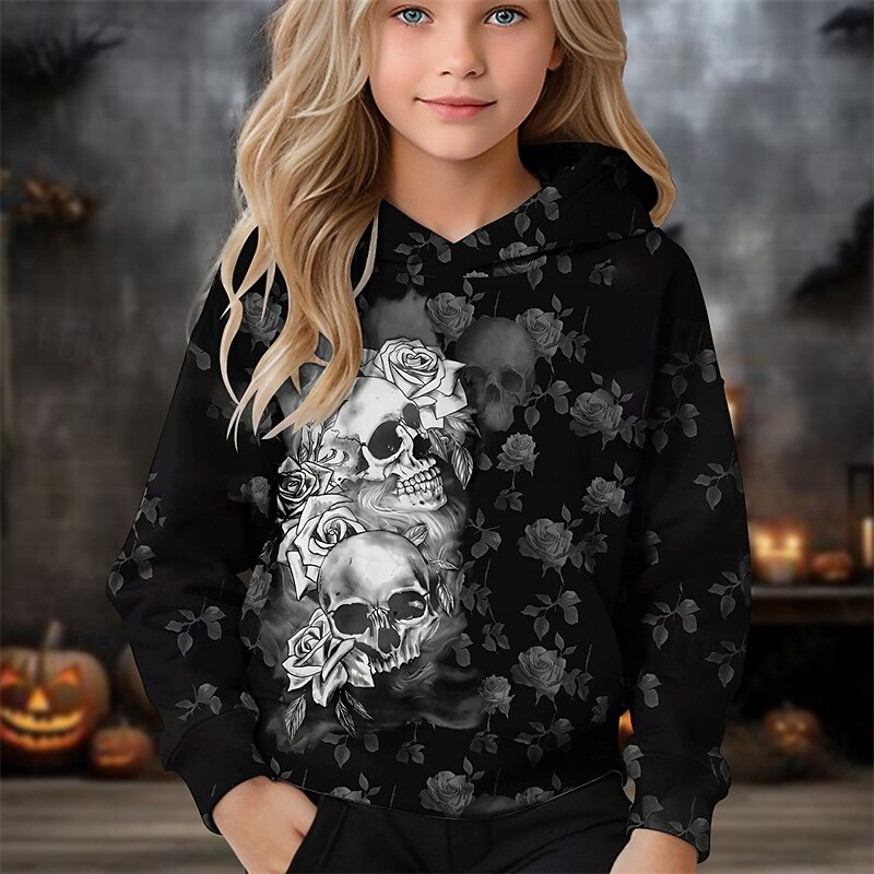 Halloween Girls' 3D Floral Skull Hoodie Long Sleeve Fall Winter Fashion Adorable Basic Kids 4-12 Years Hooded Outdoor Casual Daily Regular Fit3