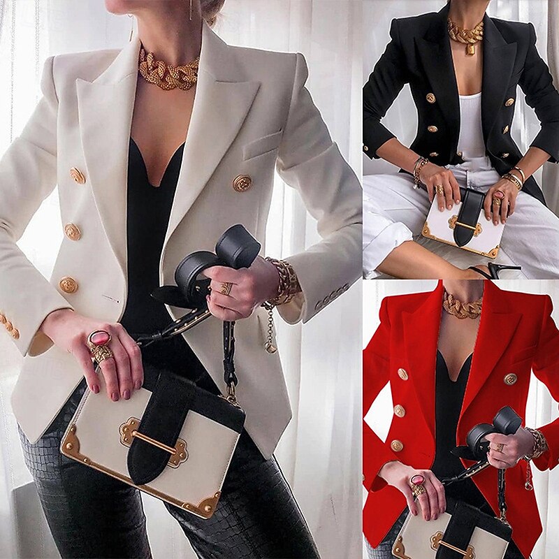 Women's Blazer Comfortable Breathable Pocket Elegant Casual Plain Formal Office Street Casual Double Breasted Regular Turndown Regular Fit Long Sleeve Outerwear Black White Red Summer Spring