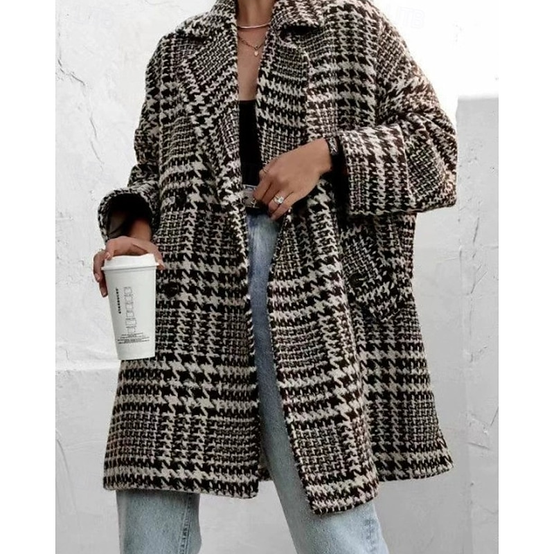 Women's Casual Jacket Warm Comfortable Pocket Buttons Fashion Outdoor Stripes and Plaid Going out Weekend Single Breasted Regular Lapel Regular Fit Long Sleeve Outerwear Black Apricot Fall Winter2