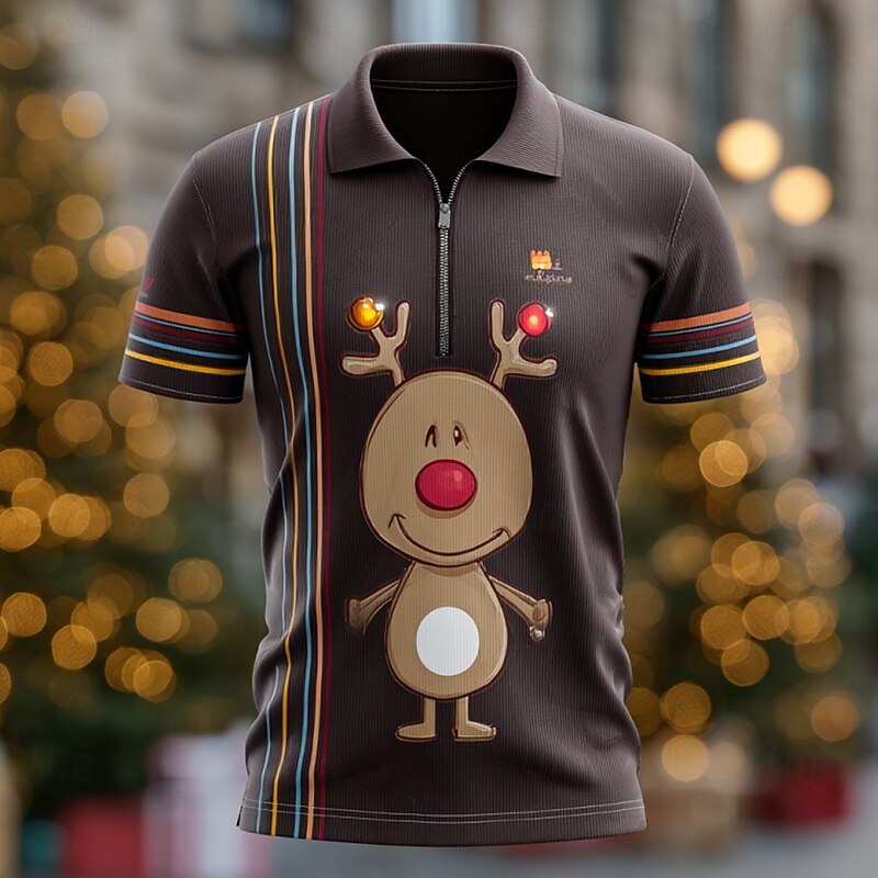 Christmas Men's Cartoon Reindeer Zip Polo Short Sleeve Turndown Casual Vacation Daily Festival 3D Print Summer Brown 1 Black Brown 23