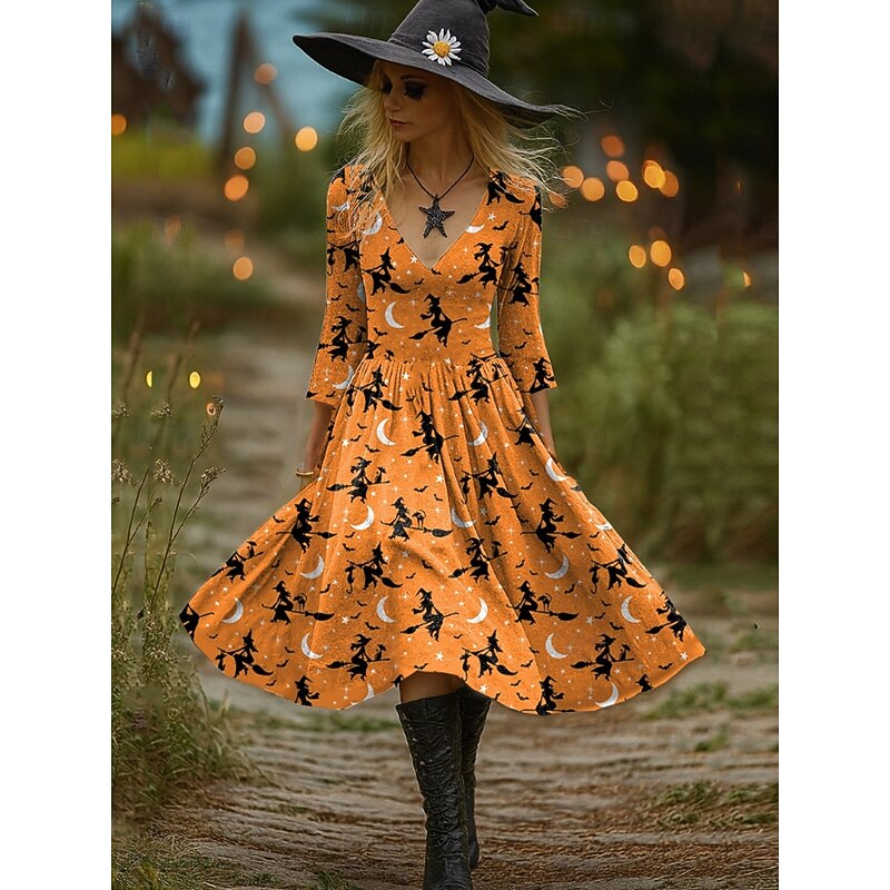 Halloween Women's Witch Print Midi Dress A Line Dress Vacation Casual Party Regular Fit Graphic Hocus Pocus Long Sleeve V Neck Orange Dark Grey Light Orange Spring Fall2