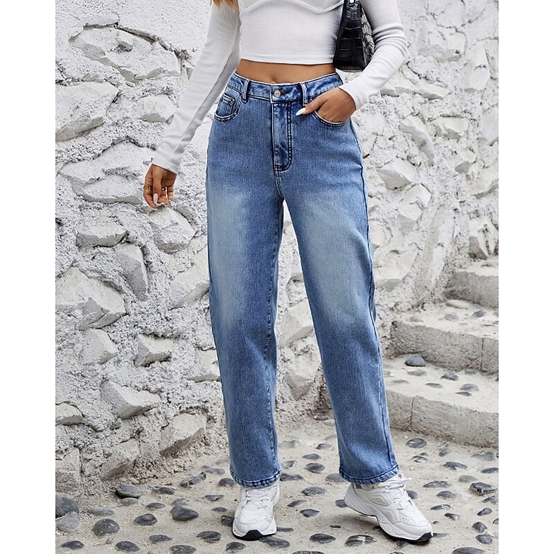 Women's Straight Basic Casual Full Length Mid Waist Plain Pocket Thermal Warm Micro-elastic Outdoor Vacation Street Blue Winter Regular Fit4