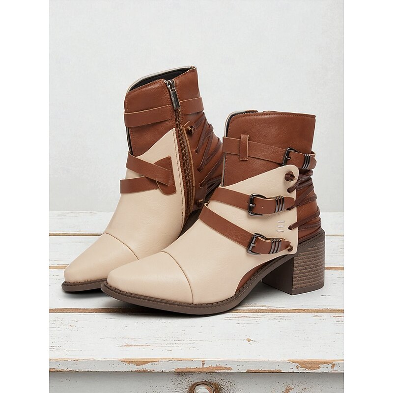 Women's Beige Ankle Boots with Buckle Straps – Retro Block Heel Short Boots for Streetwear and Fall Outfits