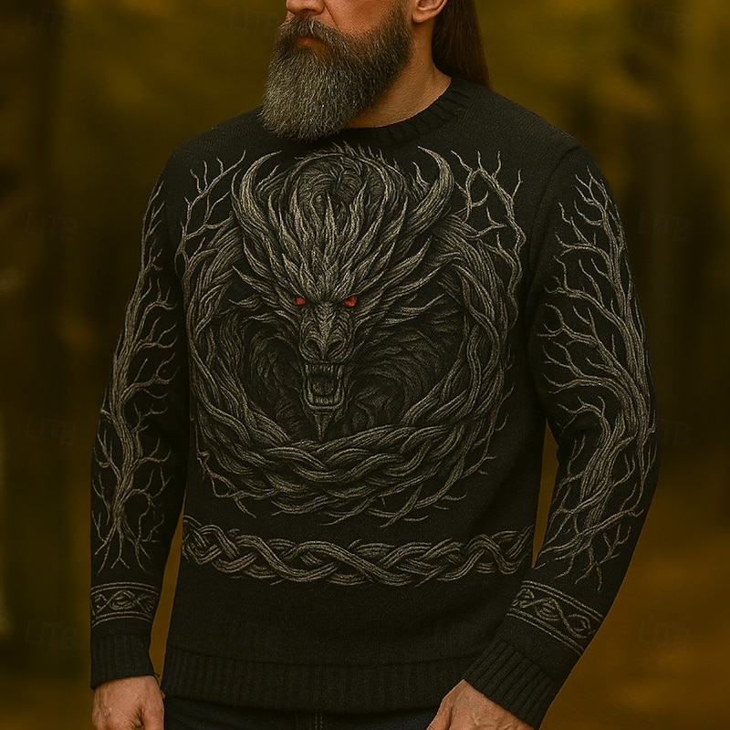 Men's Animal Dragon Viking Pullover Sweater Jumper Knitwear Crewneck Retro Vintage Casual Vacation Daily 3D Print Keep Warm Long Sleeve Spring Fall Winter Dark Brown Black