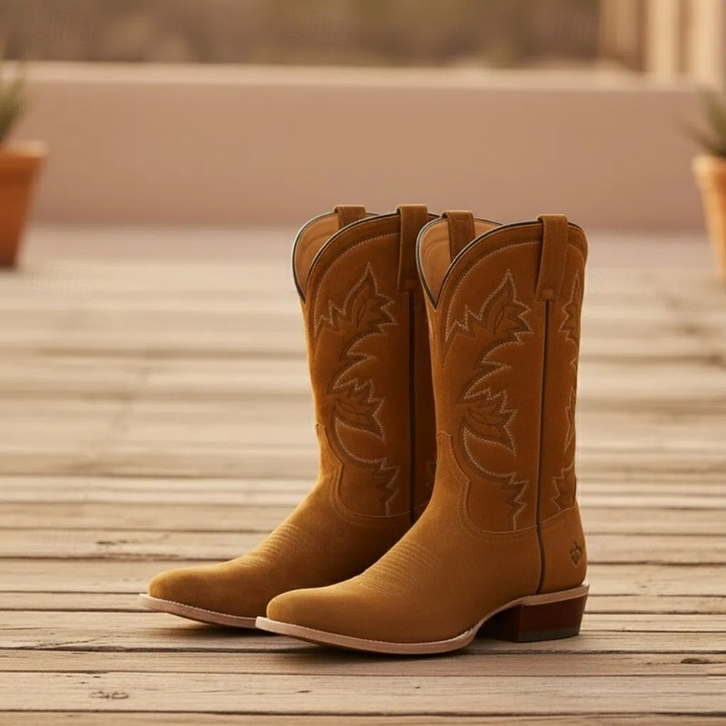Men's Classic Suede Western Cowboy Boots - Brown Faux Leather Mid-Calf Embroidered Rodeo Style - Perfect for Rodeo, Country Weddings, and Outdoor Events2
