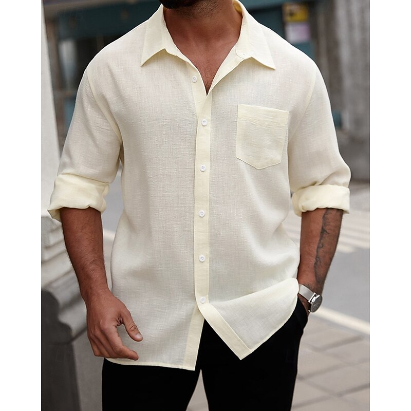 Men's Shirt Summer Shirt Casual Shirt Beach Shirt Button Up Shirt Light Yellow Long Sleeve Plain Lapel Vacation Hawaiian Pocket Clothing Apparel Polyester Fashion Casual Comfortable
