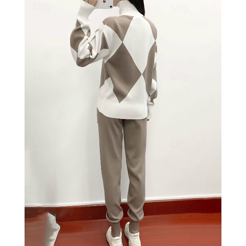 Women's Sweater Sweater Co-ords Streetwear Casual Geometric Turtleneck Knitted Long Sleeve Regular Tops Knit Daily Going out Weekend Black Red Fall Winter4