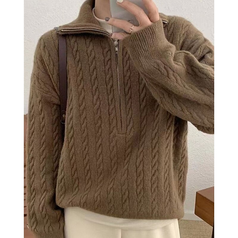 Women's Sweater Streetwear Casual Solid Color Ribbed Half Zip Knitted Long Sleeve Regular Tops Knit Outdoor Daily Weekend Coffee Fall Winter