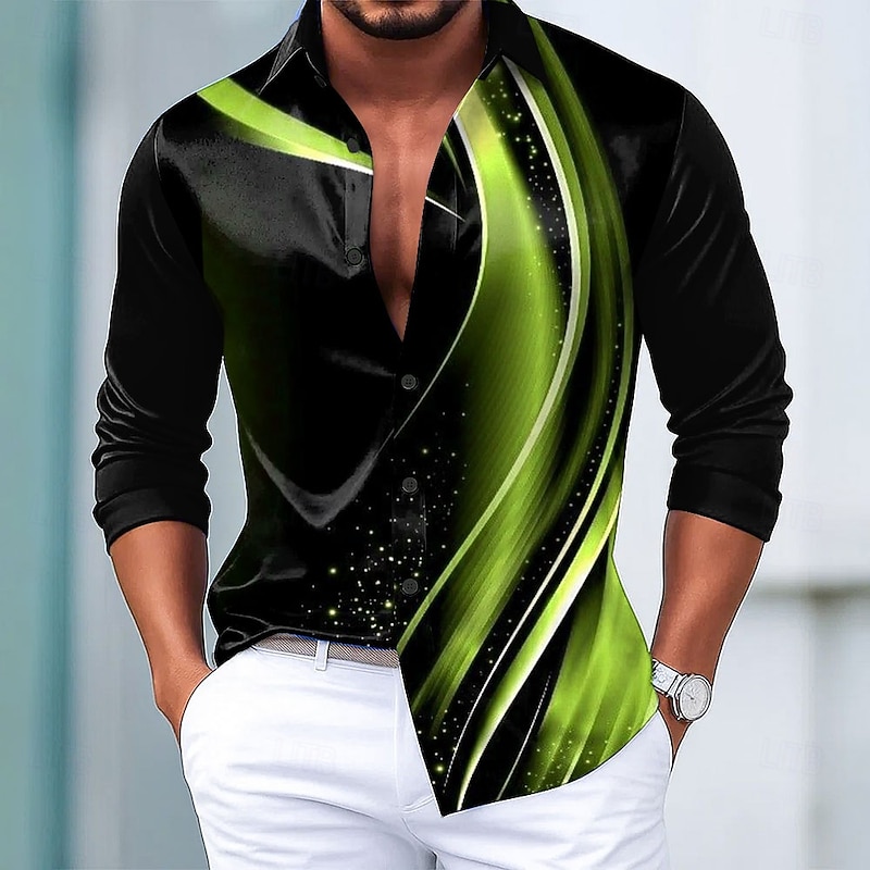 Men's Geometric Gradient Waves Shirt Satin Shirt Dress Shirt Long Sleeve Fashion Casual Vacation Dailywear Summer Spring Fall Turndown 3D Print Button Up Shirts Black / Green Black / Purple Black-Red2