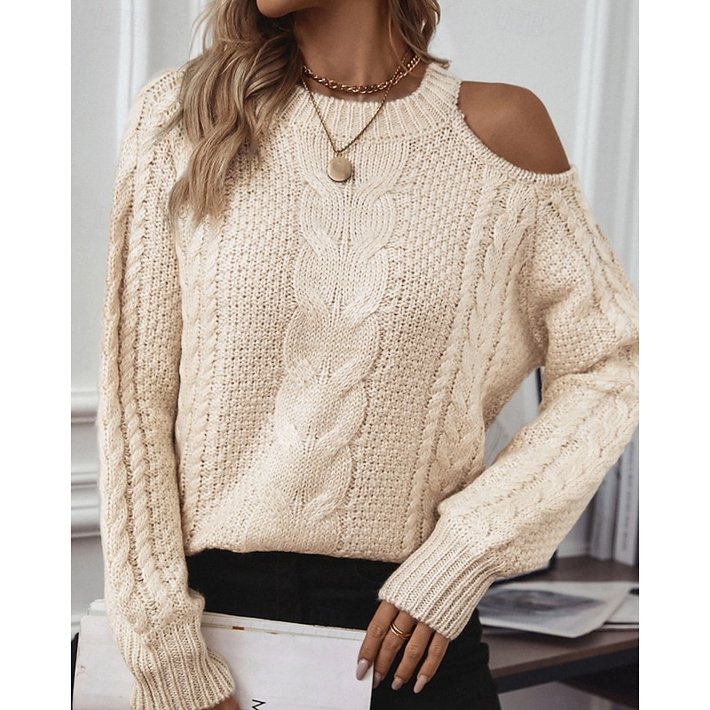 Women's Sweater Pullover Streetwear Casual Solid Color Cable Crew Neck Knitted Cold Shoulder Long Sleeve Regular Tops Knit Daily Holiday Going out Dark Gray Apricot Fall Winter