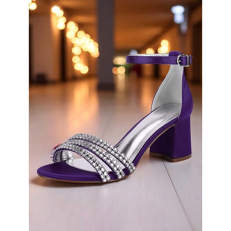 Women's Purple Satin Block Heel Sandals with Rhinestone Straps - Elegant Open Toe Dress Shoes for Cocktail Parties and Formal Occasions4