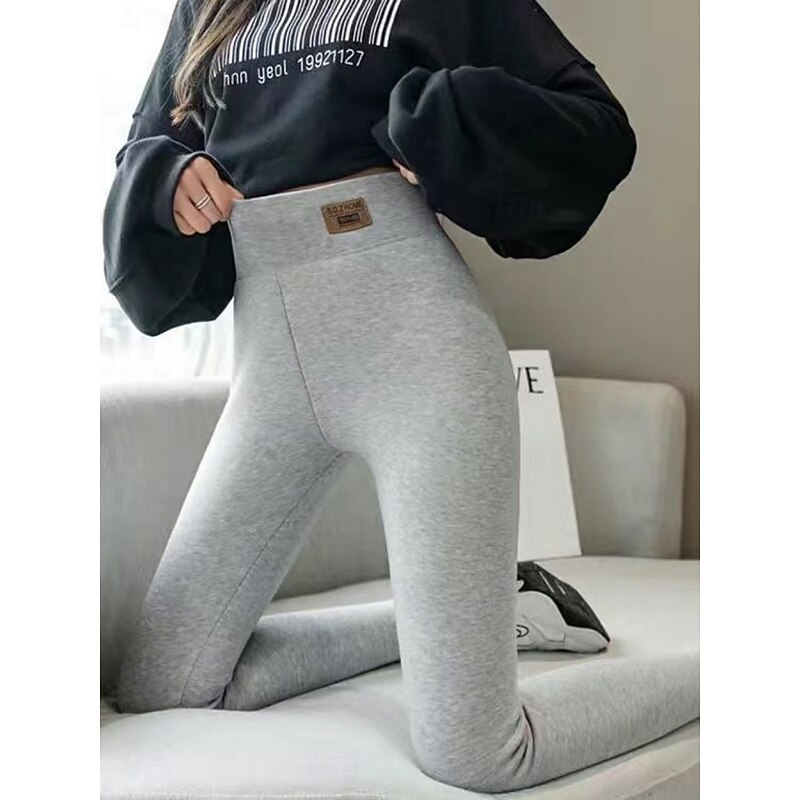 Women's Fleece Pants Leggings Fashion Basic Casual Full Length High Waist Plain Pocket Elastic Waistband Comfy Soft Comfortable Stretchy Outdoor Street Black Dark Gray Gray Fall Winter Slim Fit3