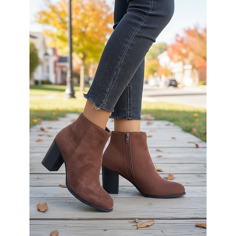 Women's Brown Faux Suede Ankle Boots with Side Zipper – Casual Block Heel Short Boots for Work, Shopping and Everyday Outfits2