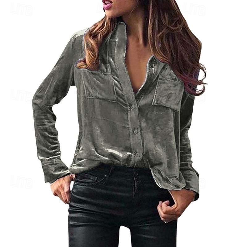 Women's Shirt Blouse Plain Active Stylish Long Sleeve Shirt Collar Regular Tops Party Evening Wear Holiday Going out Pocket Buttons Grass Green Black Royal Blue Brown Dark Gray Spring Fall - Main Image