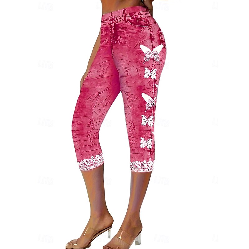 Women's Capri Pants Leggings Vacation Vintage Fashion Calf-Length Mid Waist Floral Graphic 3D Print Printing Soft Breathable Micro-elastic Vacation Street Causal Pinky Light Sky Blue Deep Blue Summer4