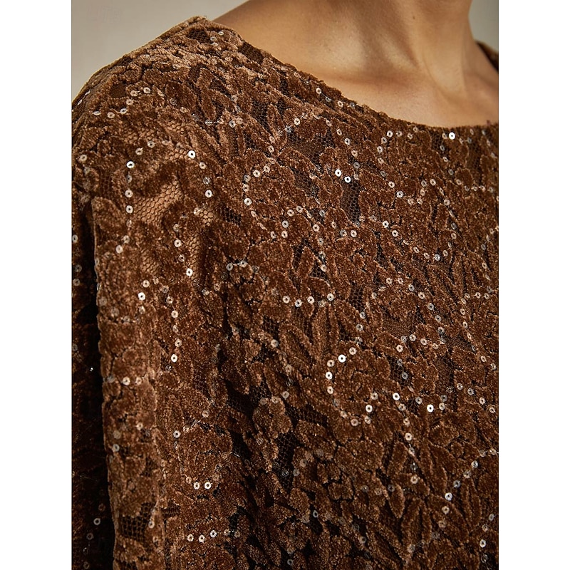 Women's Blouse Poncho Lace Tops Elegant Vintage Crew Neck Regular Tops Wedding Guest Party Evening Wear Evening Party Sequins Illusion Lace Brown Spring Fall3