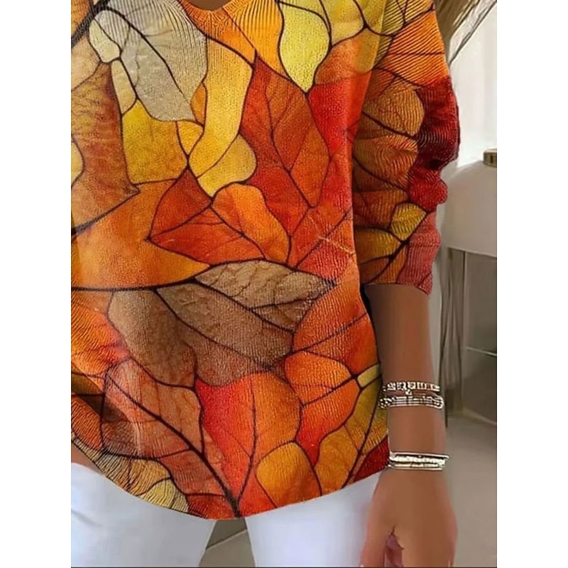 Women's Sweater Pullover Fashion Streetwear Casual Floral Graphic V Neck Oversized Knitted Long Sleeve Regular Tops Knit Outdoor Daily Orange Spring Fall3