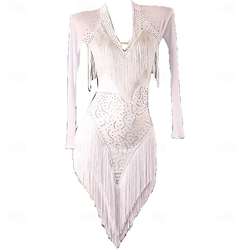 Women's Latin Competition Dance Dress Ballroom Outfits Tassel Long Sleeve Salsa Ballroom Costume Shiny Dress for Rumba