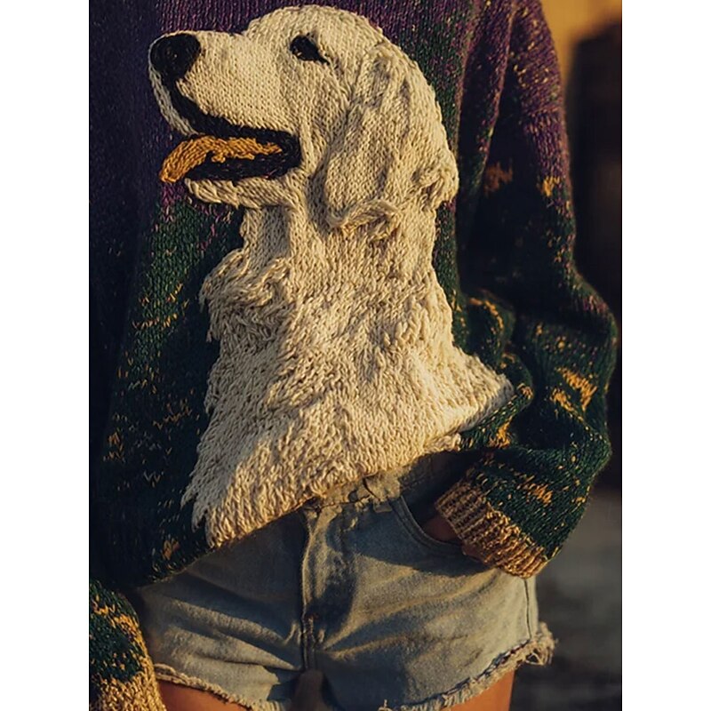 Women's Sweater Pullover Golden Retriever Daily Casual Graphic Animal Ribbed Crew Neck Knitted Print Long Sleeve Regular Tops Knit Outdoor Weekend Purple Fall Winter3