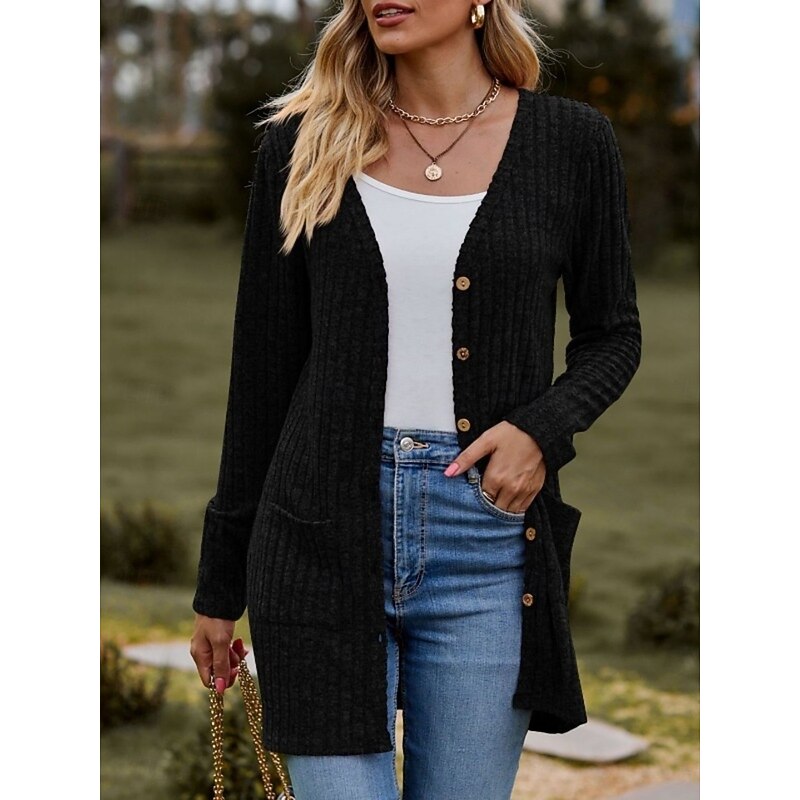 Women's Sweater Cardigan Elegant Fashion Streetwear Pure Color V Neck Pocket Knitted Long Sleeve Regular Tops Knit Outdoor Daily Weekend Wine Red Black Fall Winter2
