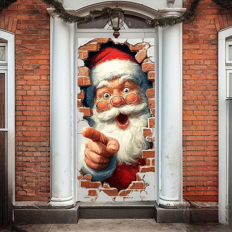Christmas Door Cover Winter Holiday Curtain Decoration Festive Drapes Featuring Santa Claus Breaking Through Wall With Merry Christmas Print Large Fabric Panel For Home Bedroom Living Room Entryway De