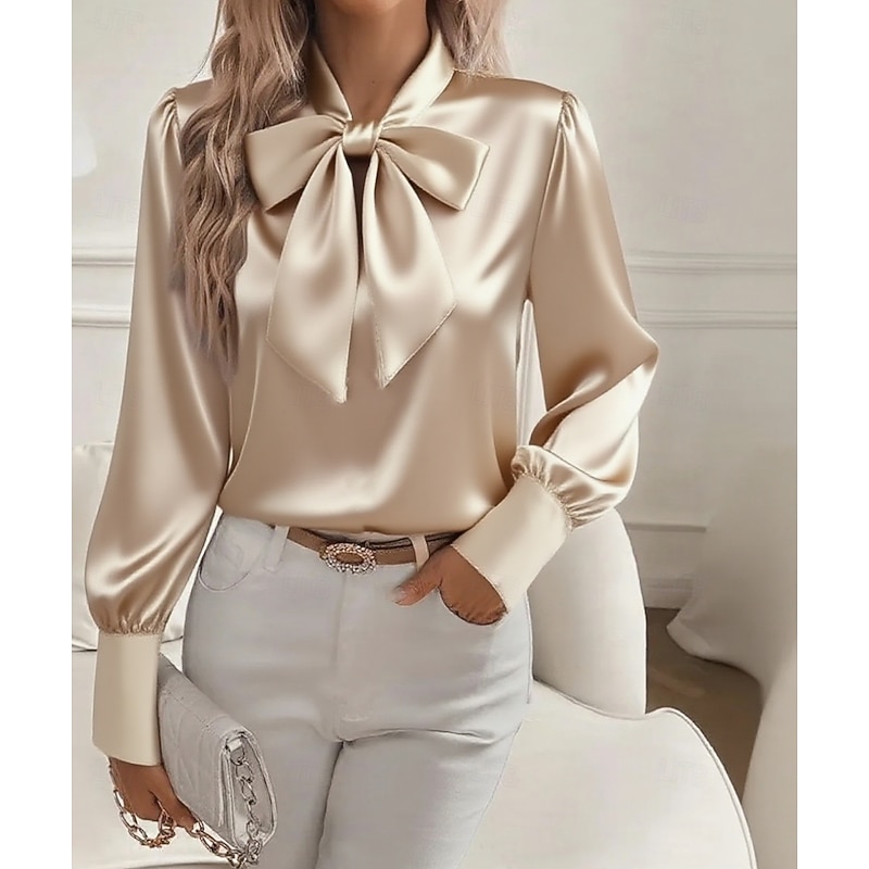 Women's Elegant Dressy Satin Blouse Solid Color Elegant Long Sleeve Tie Neck Regular Tops Bow Black White Pink Khaki Fall2