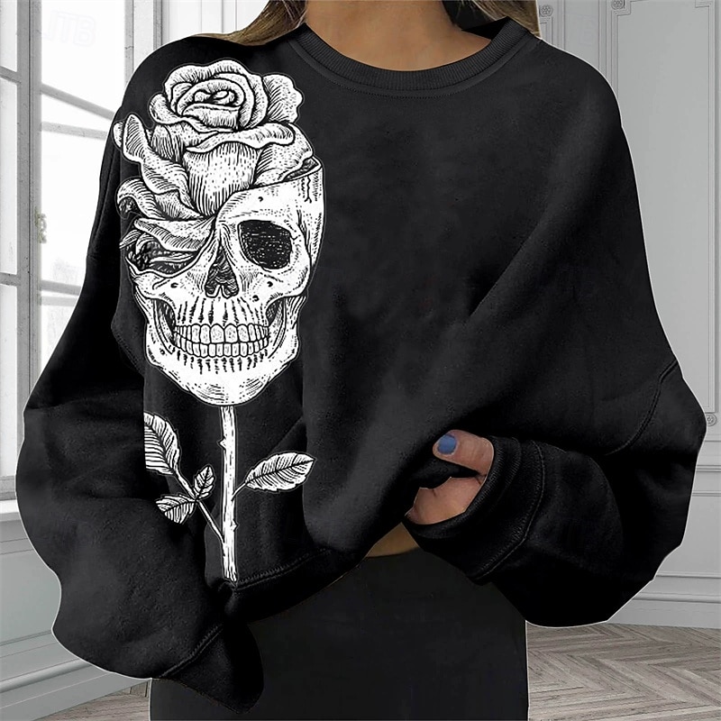 Women's Pullover Sweatshirt Graphic Skull Halloween Active Fashion Streetwear Long Sleeve Crew Neck Round Neck Regular Tops Street Dailywear Casual Print Black Beige Gray Fall Winter3