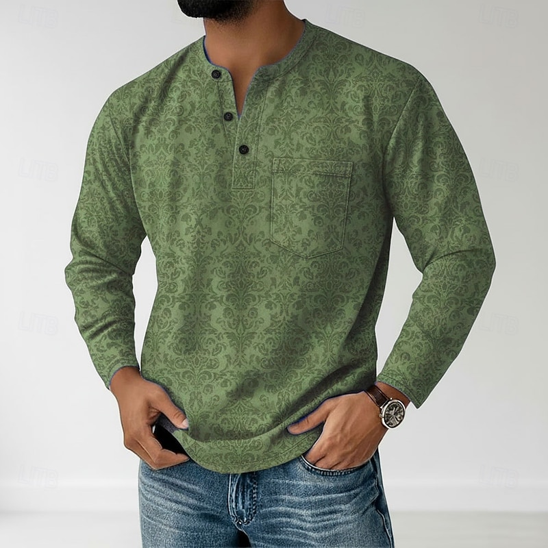 Men's Paisley Henley Shirt T shirt Tee Long Sleeve Retro Vintage Casual Casual Spring Fall All Seasons Blue Green Purple Khaki Henley Henley T-Shirt3