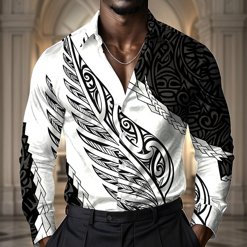 Men's Leaf Polynesian Ethnic Shirt Satin Shirt Dress Shirt Long Sleeve Vintage Retro Vacation Dailywear Summer Spring Fall Turndown 3D Print Button Up Shirts Black White3