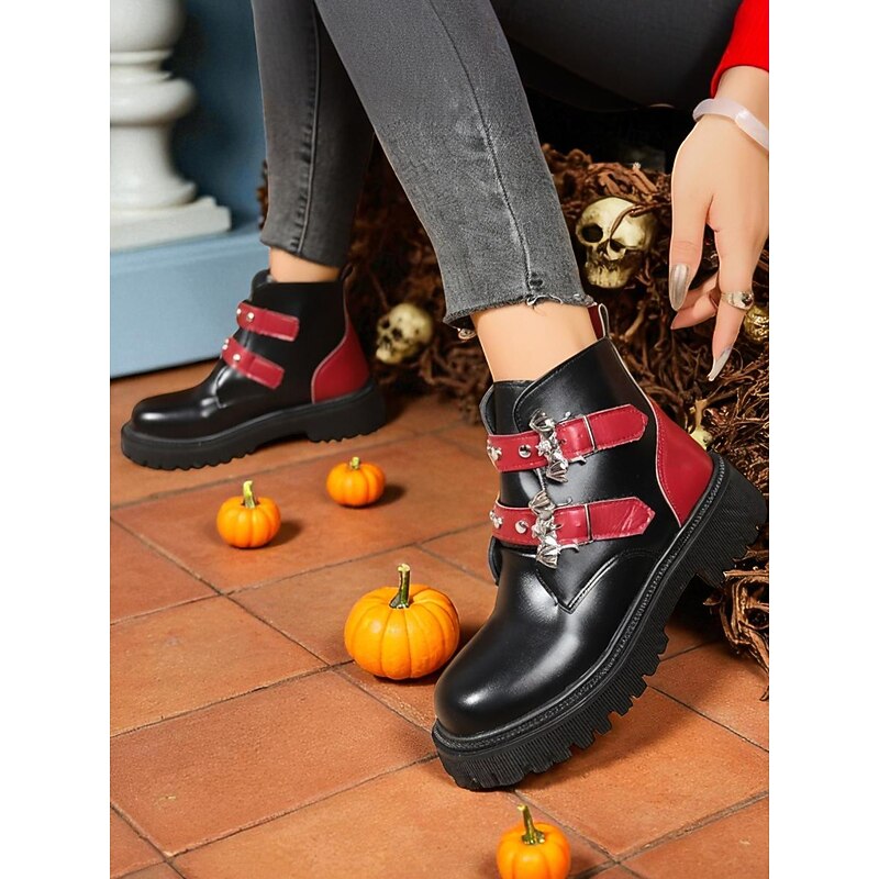 Women's Halloween Punk Combat Boots – Black and Red Faux Leather Ankle Boots with Bat Charms and Buckle Straps for Fall Festival, Costume Party and Spooky Season Streetwear4