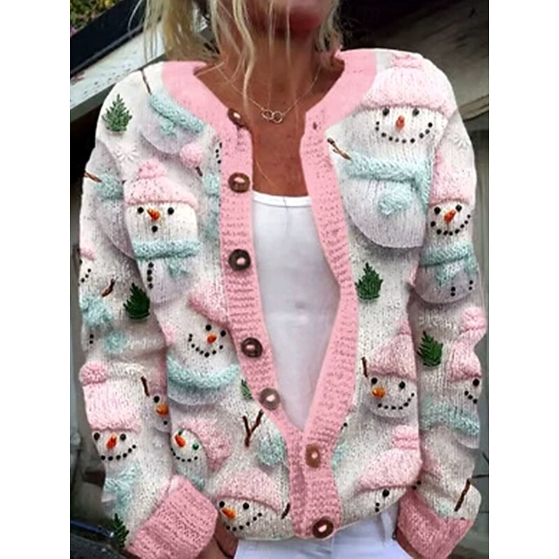 Women's Cardigan Daily Christmas Tree Snowman Ribbed Crew Neck V Neck Buttons Print Long Sleeve Regular Tops Knit Outdoor Weekend Pink Green Fall Winter