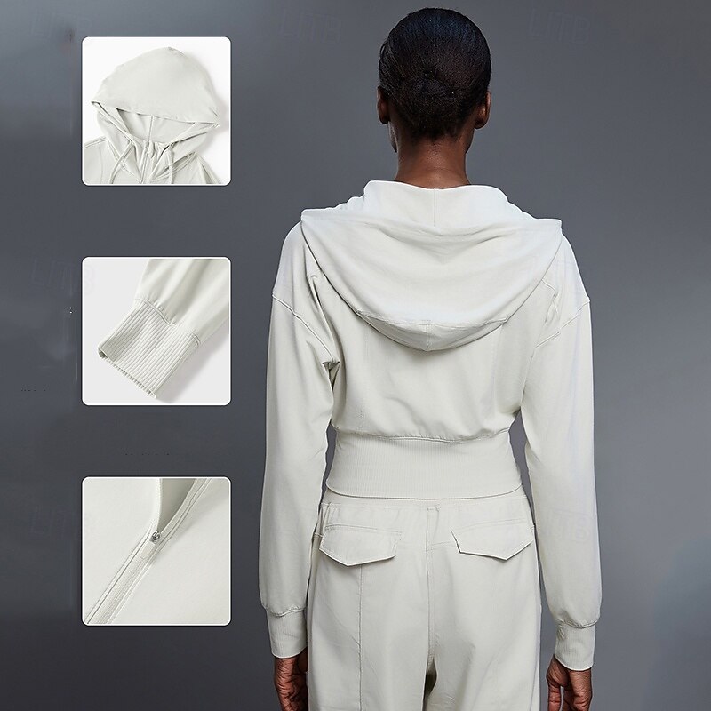 Women's Sports Crop Coat Breathable Drawstring Long Sleeve Sports Solid Color Top For Gym Running Fitness Activewear2
