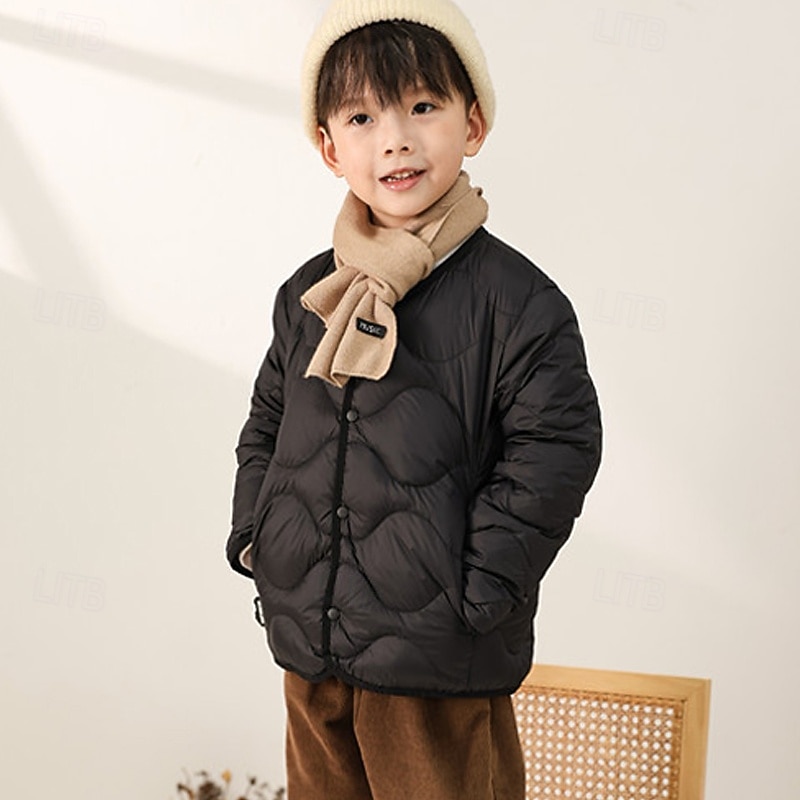 Kids Unisex Down Coat Puffer Jacket Outerwear Solid Color Long Sleeve Pocket Coat Outdoor Daily Black Pink Green Fall Winter 4 years+2