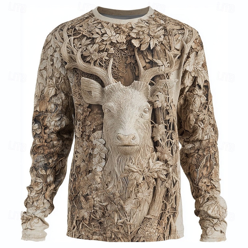 Men's Camo 3D Deer T Shirt Long Sleeve T shirt 3D Print Crew Neck Shirt Fashion Outdoor Street Sports Outdoor Hunting Dark Brown Light Brown Brown Summer Spring Clothing Apparel S M L XL XXL XXXL3