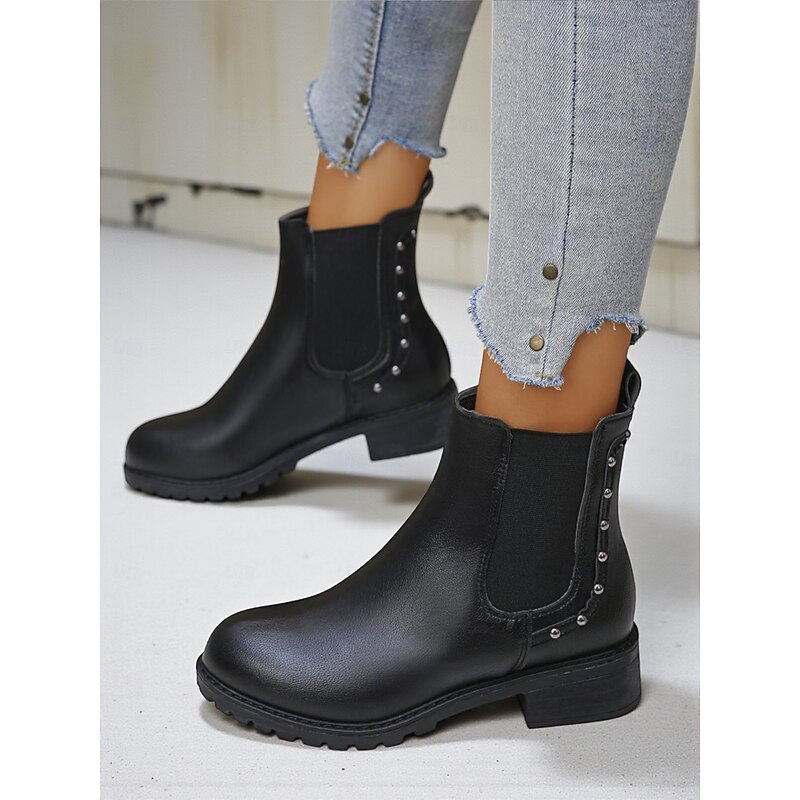 Women's Black Chelsea Boots with Low Heel and Studded Details – Classic Slip-On Ankle Boots for Daily Wear2