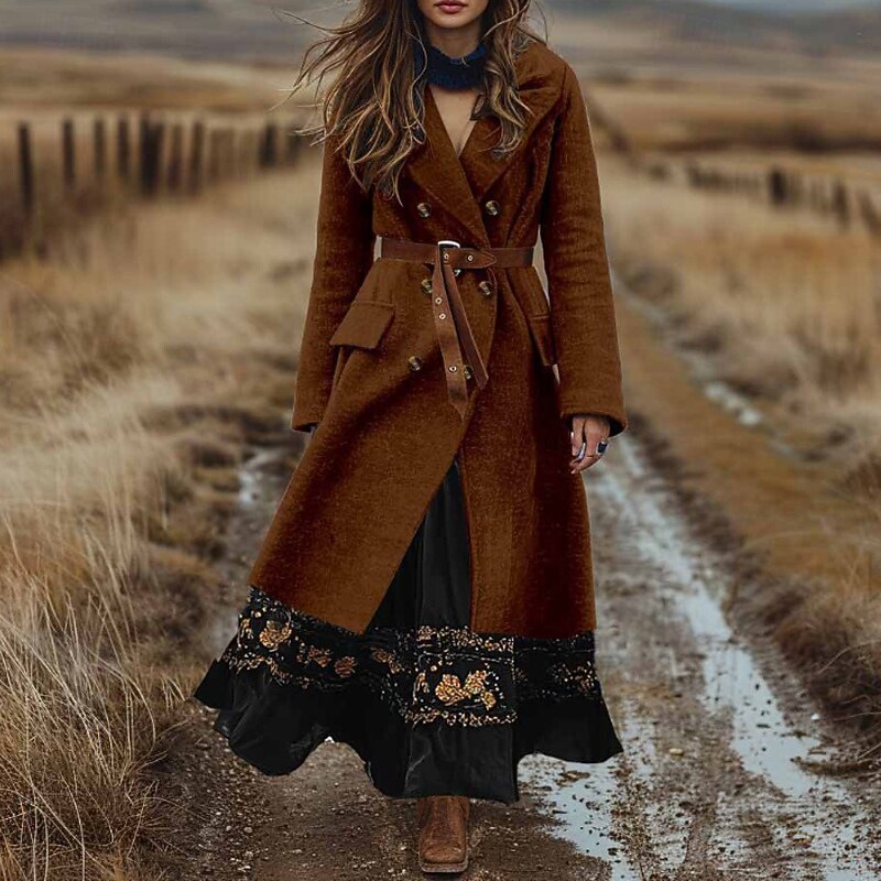 Women's Coat Pea Coat Warm Comfortable Pocket Buttons Boho Vintage Plain Vacation Street Going out Weekend Long Turndown Regular Fit Long Sleeve Outerwear Black Pink Wine Fall Winter - Main Image