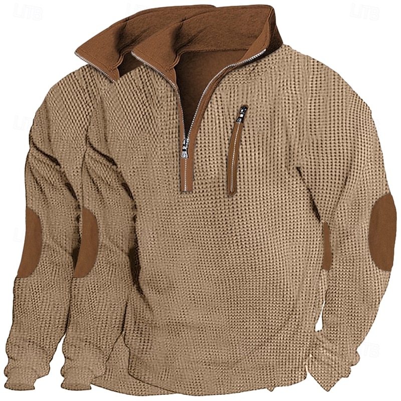 2 Piece Men's T Shirt Waffle Knit Tee Tee Top Long Sleeve Shirt Long Sleeve Quarter Zip Winter Spring & Fall Color Block Textured Fashion Designer Basic Patchwork Zipper Vacation Street Casual3