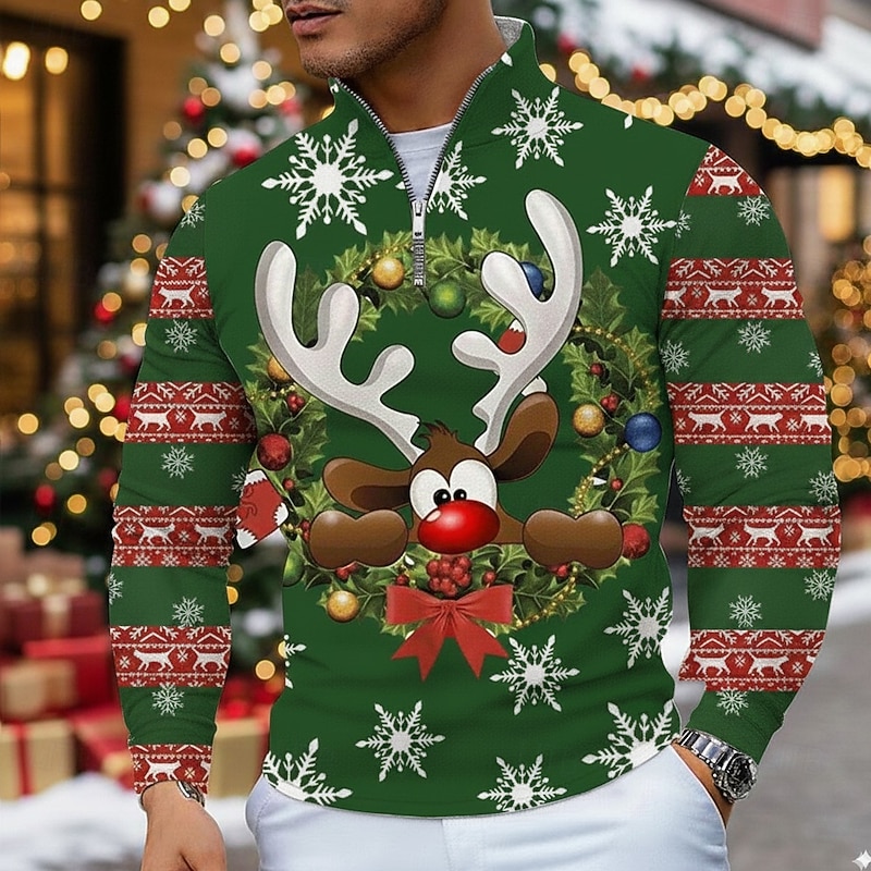 Christmas Men's Elk Polo Long Sleeve Polo Shirts Grandad Collar Casual Holiday Daily Wear Festival Outfit 3D Print Quarter Zip Polo Spring Fall Winter Black Red Green2