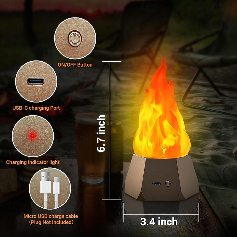 Fake Fire Lamp USB Rechargeable Flameless Candles with Flickering Flame 3-Mode LED Flame Light for Outdoor Camping Holiday Halloween Christmas Thanksgiving Table Yard Decorations3
