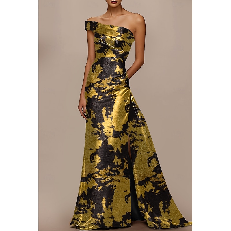 Black Gold A-Line Evening Gown Elegant Formal Dress Formal Wedding Floor Length Sleeveless One Shoulder Pocket Satin with Floral Print 20254