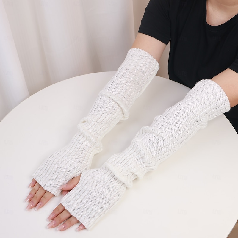 Women Long Knitted Arm Sleeves, Half-Finger Fingerless Gloves for Fall and Winter, Warm Indoor Korean Style Knitwear for Ladies