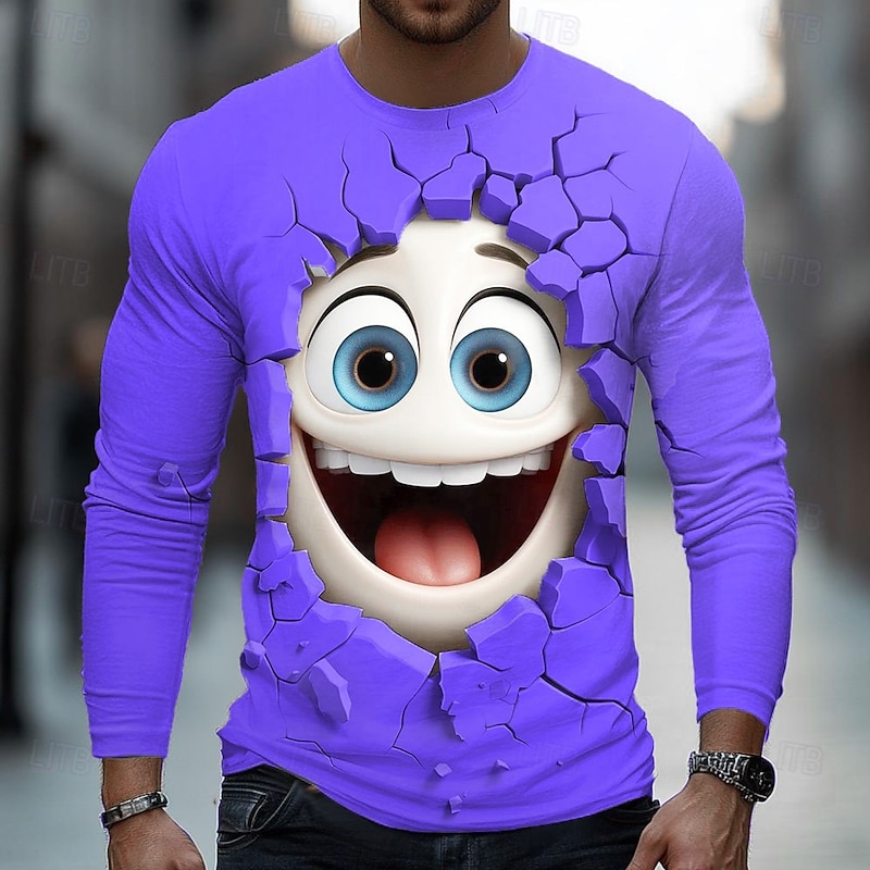 Men's 3D Funny Emotes T Shirt Long Sleeve T shirt 3D Print Crew Neck Shirt Fashion Exaggerated Street Daily Black Yellow Blue Summer Spring Fall Clothing Apparel S M L XL XXL XXXL4