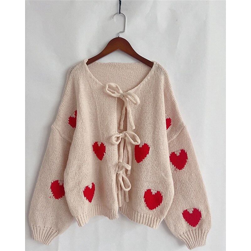 Women's Sweater Cardigan Streetwear Casual Heart Fruit Crew Neck Knitted Print Long Sleeve Regular Tops Knit Daily Holiday Going out Pink Dusty Rose Fall Winter2