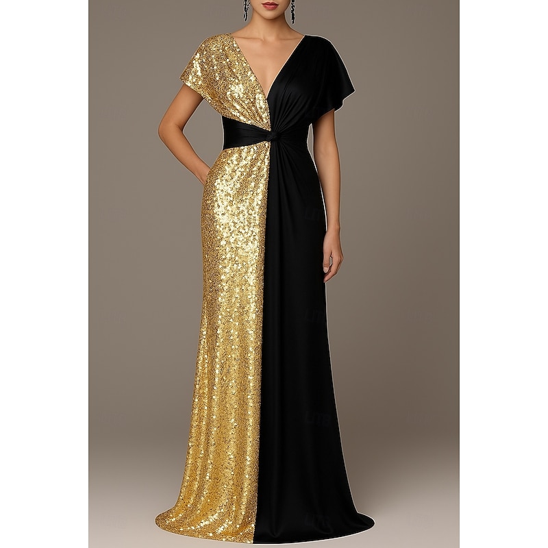 Black Gold A-Line Evening Gown Elegant Formal Dress Formal Wedding Floor Length Short Sleeve V Neck Capes Satin with Glitter 20253